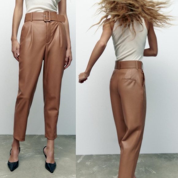 Zara BELTED FAUX LEATHER SKINNY PANTS Beige/Brown Size S NEW